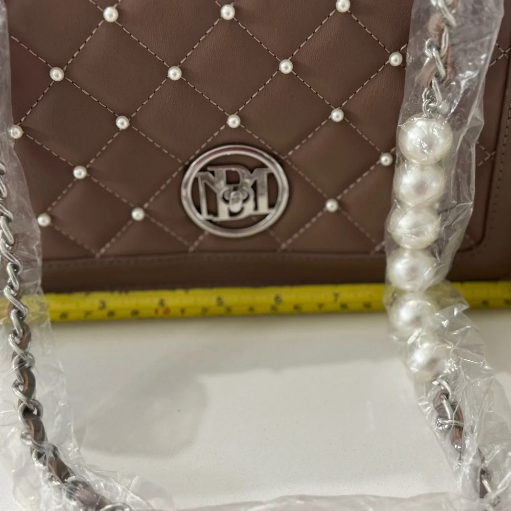Badgley Mischka Light Brown Quilted Pearl Crossbody Bag